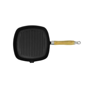 Cast Iron Grill Pan BBQ Skillet Wooden Handle