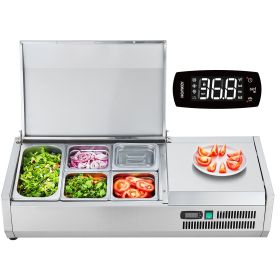 VEVOR Refrigerated Condiment Prep Station, 130 W Countertop Refrigerated Condiment Station, with 1 1/3 Pan & 4 1/6 Pans, 304 Stainless Body and PC Lid