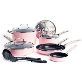 12-Piece Toxin-Free Ceramic Nonstick Pots and Pans Cookware Set, Dishwasher Safe (Color: Pink)